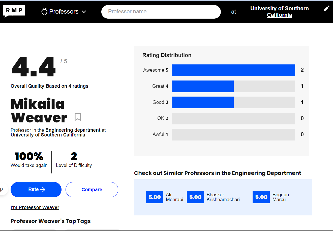 screenshot of ratemyprofessor website